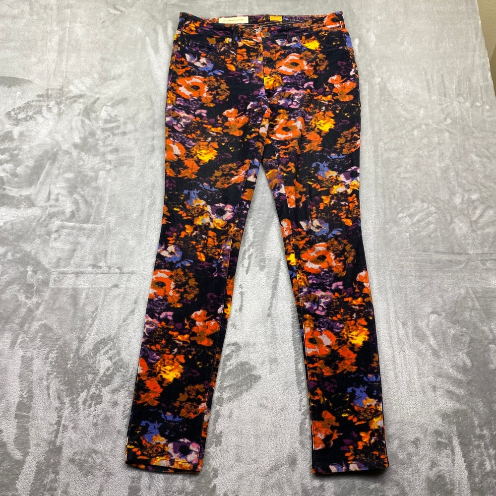 Pilcro Floral Print Corduroy Pants Women Sz 29 Fits 30" Black Orange Boho Grunge
